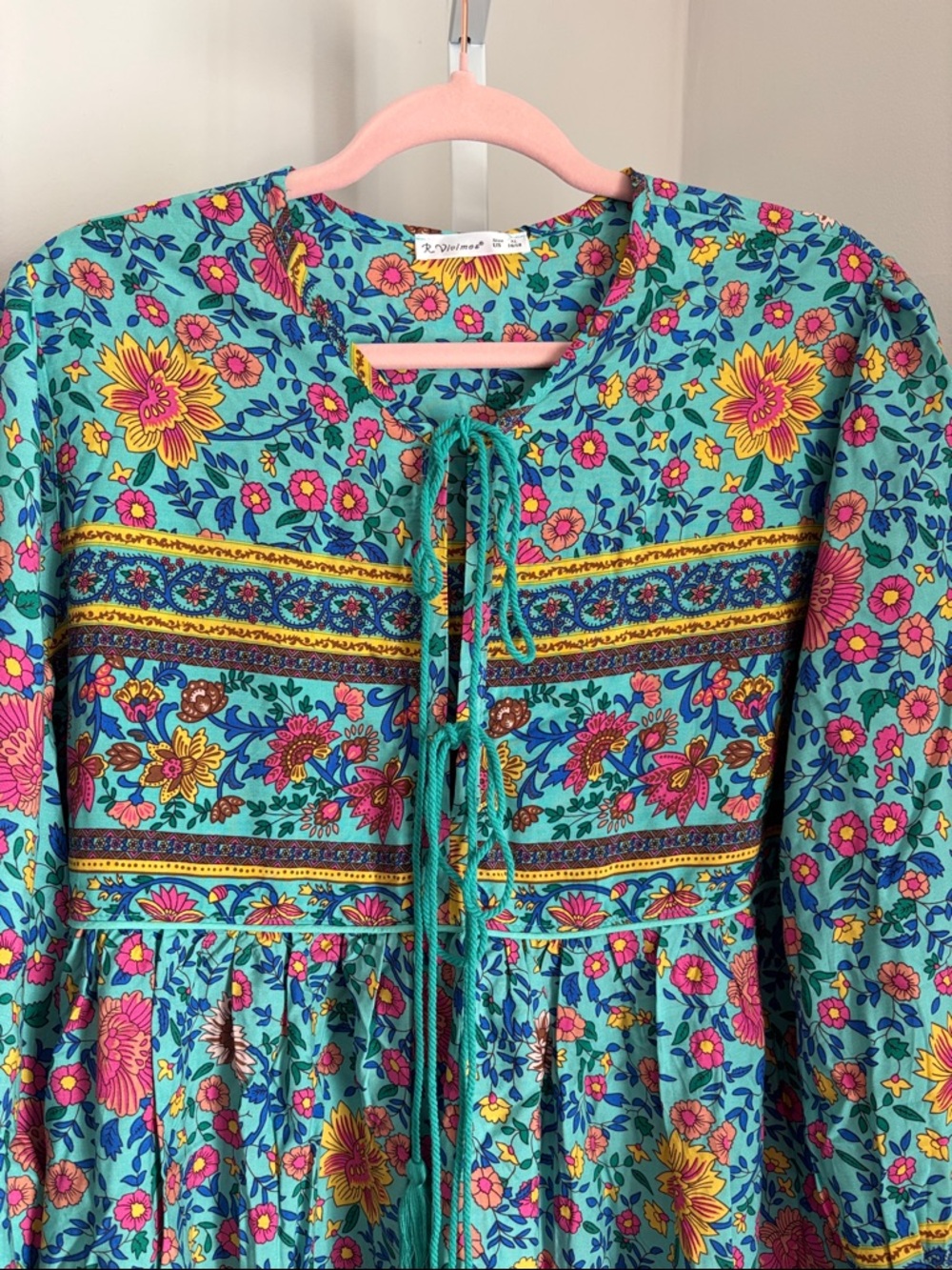 R. Vivimos Teal Womens Long Sleeve Floral Print Tassel Boho Midi Dress Sz XL NWT - Picture 5 of 6